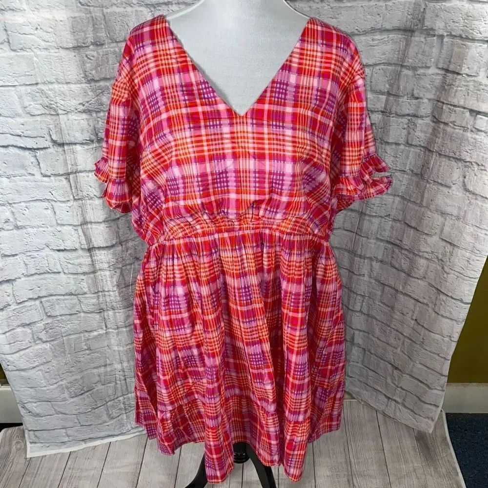 Terra & Sky women 3X 24W-26W spring plaid print short sleeve dress pink multicol
